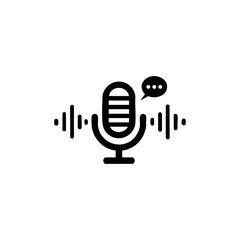 Microphone with soundwaves and speech bubble, representing podcast recording, broadcasting, and audio communication.
