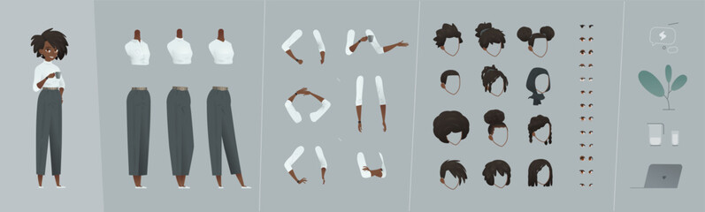 Editable business character creator kit featuring an African American woman in smart casual outfit. Includes interchangeable body parts, facial styles, and office items.