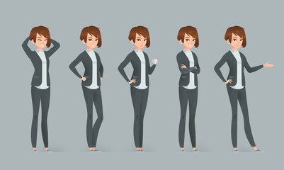 Confident Caucasian businesswoman in a gray suit and white shirt. Cartoon character in 5 poses. Hands on hips, folded arms, holding coffee, relaxed, pointing. Vector on gray background