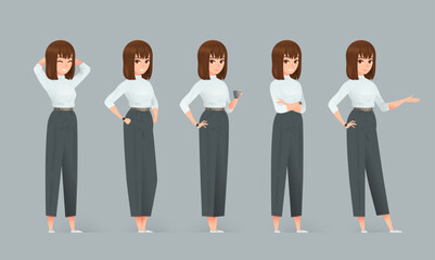 Vector set of a confident Caucasian businesswoman in light turtleneck and dark gray pants. Five cartoon poses with different facial expressions and gestures on a neutral background
