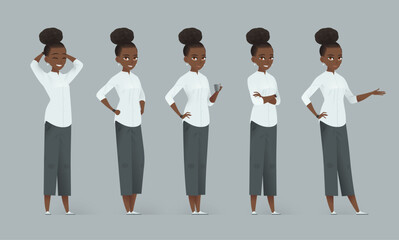 Cartoon vector set of businesswoman in white shirt and gray pants in five standing poses on gray background, showing smiling and default expressions, various arm gestures.