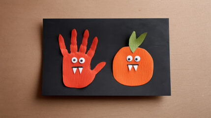 A craft project featuring a red handprint and an orange pumpkin cutout with googly eyes and vampire fangs on a black background.