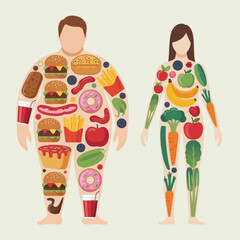 Healthy vs unhealthy eating habits illustrated by food body silhouettes