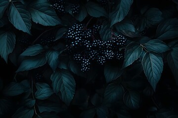 Fototapeta premium a cluster of small, dark colored berries amid a dense arrangement of leaves