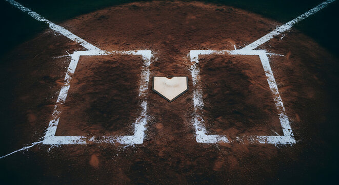 Close-up view of a baseball batter's box and home plate on a dirt baseball field during a game under bright stadium lights