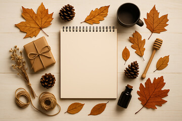 Autumn Creative Workspace Flat Lay with Blank Notebook