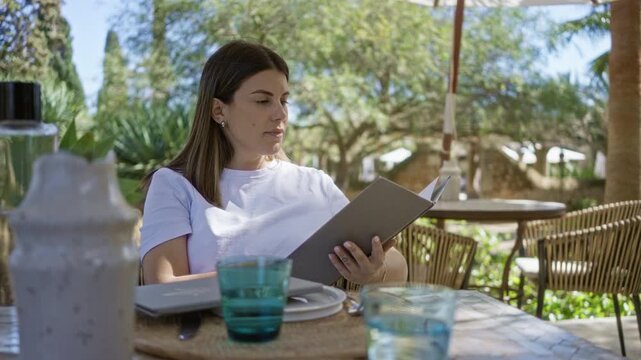 Woman browsing menu outdoors in a mediterranean restaurant setting, surrounded by lush greenery and enjoying a peaceful, sunny afternoon in a beautiful, relaxed ambiance.