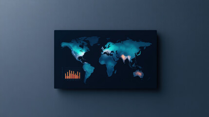 Digital world map with highlighted regions and an inset bar chart, displayed on a dark blue background.