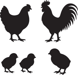 vector set of hen or chicken, rooster and chicks silhouettes   on white background