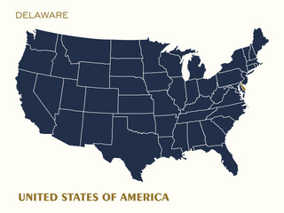 United States map Vector with Delaware highlighted in gold