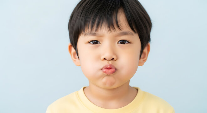 Adorable young East Asian boy making funny kissy face with puffed cheeks isolated on soft blue studio background joyful playful expression