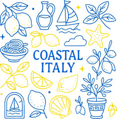 Coastal Italy Doodle Illustration &ndash; Hand-Drawn Lemon and Seaside Elements in Royal Blue and Gold