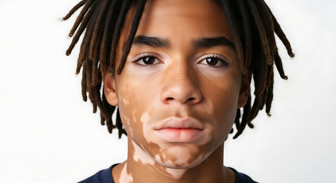 Portrait of a young Black male with vitiligo and dreadlocks looking forward on a white background concept of skin diversity and acceptance