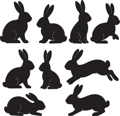 Easter bunny silhouettes. Set of silhouettes of rabbits in different poses  on white background