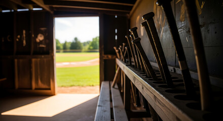 Row of baseball bats resting in a dugout with a sunny baseball field visible through the opening