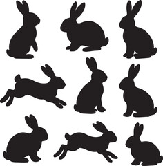 Easter bunny silhouettes. Set of silhouettes of rabbits in different poses  on white background
