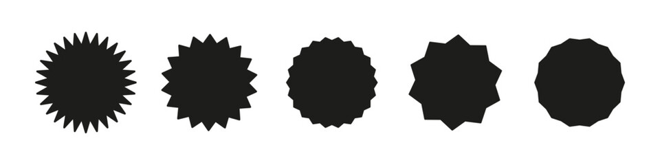 Circle discount stickers set. Blank sale stickers. Wavy black edge promo badges, simple silhouette. Star burst shape tags for price. Vintage flat labels. Vector illustration