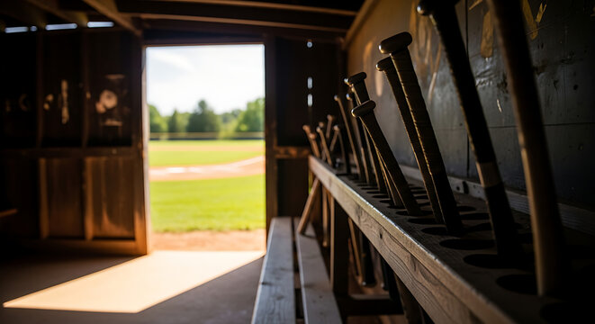 Row of baseball bats resting in a dugout with a sunny baseball field visible through the opening - Powered by Adobe