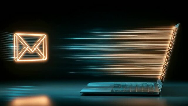Laptop with a glowing, energetic email icon on the screen, a symbol of fast contact and online communication