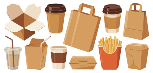Collection of takeout food and drink packaging items