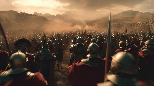 Cinematic shot of ancient Roman soldiers in battle, a large army behind them