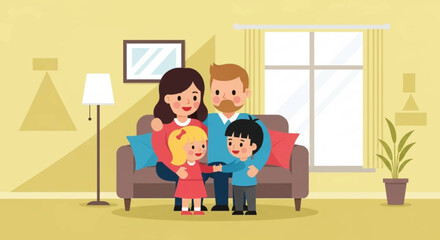 Happy family sitting on a couch in their living room, perfect for family blogs, websites, or brochures.