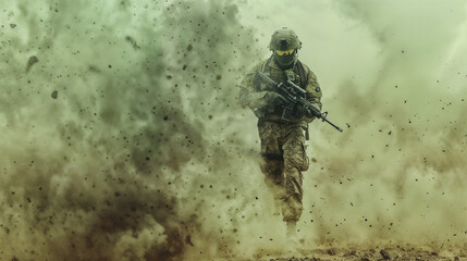 Modern soldier walking through smoky battlefield with rifle amid destruction and chaos during intense military combat operation in war zone
