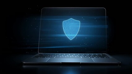 A modern laptop with a digital shield icon on the screen, symbolizing data protection and security - Powered by Adobe