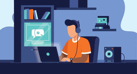 Person working from home on laptop, wearing headphones, ideal for remote work, online communication, and home office concepts.