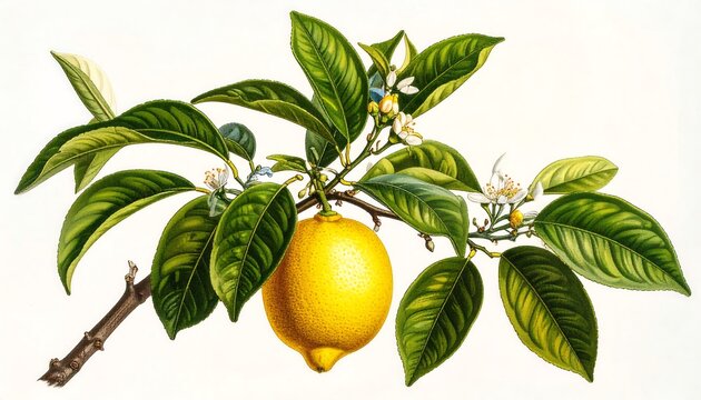 Detailed botanical illustration of a lemon branch with leaves and flowers