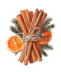 Watercolor illustration of a bundle with cinnamon sticks, dried orange slices, pine branches, and star anise. on white background