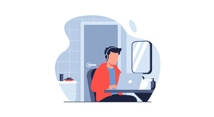 Person working on laptop in bathroom, perfect for illustrating remote work or flexible work style articles and blog posts.