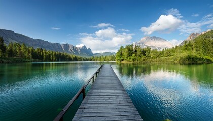 a wooden pier extends into a calm lake surrounded by lush greenery and rocky hills in a serene landscape