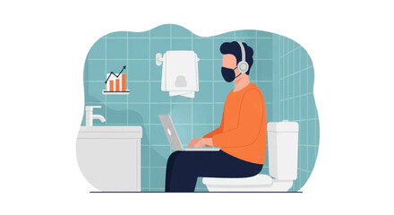 Man working on laptop in bathroom, wearing a face mask and headphones.  Perfect for articles about remote work, work-life balance, or unusual workspaces.