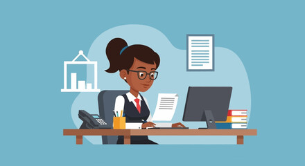 African American businesswoman working at her desk, perfect for business websites or brochures.