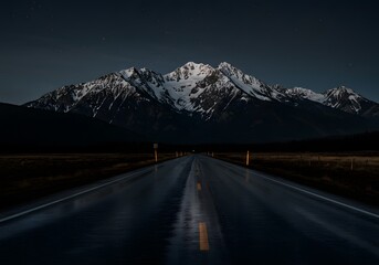 Road leading to Snow-Capped Mountains, Scenic Landscape, Highway, Travel Photography.