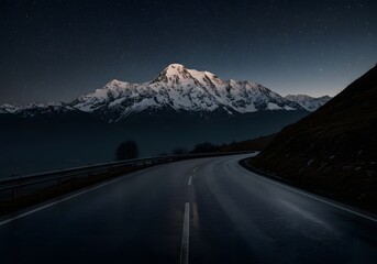 Mountain Road at Night Under Starry Sky Scenic Drive, Snowy Peaks and Night Landscape