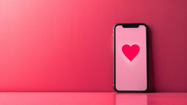 Modern smartphone displaying a vibrant pink heart symbol on its screen, set against a matching gradient pink backdrop and reflective surface, suggesting a dating or romance application.