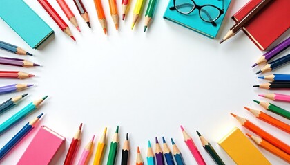 Fototapeta premium Vibrant colored pencils arranged around blank space with glasses and notebooks 