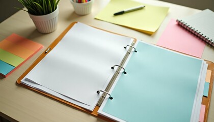 Blank binder with colorful stationery on desk in natural light  