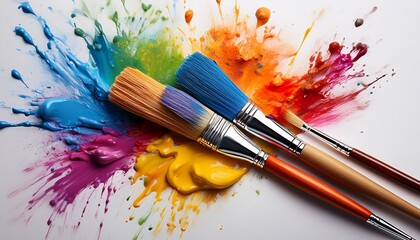 Obraz premium colorful paint splatters and brushes on white surface