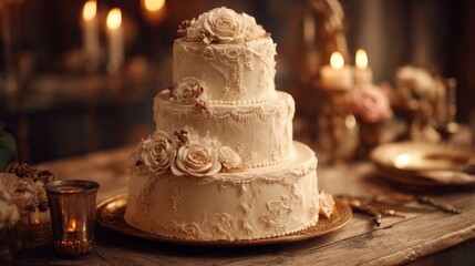 Elegant three-tiered wedding cake with floral decorations on rustic table
