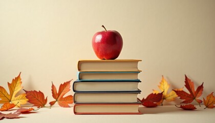 Stacked books with red apple and autumn leaves on neutral background  
