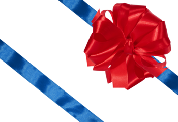 Bright red bow is located and blue satin ribbons in the corners on a white background.