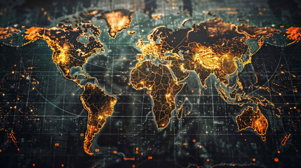 Digital world map with illuminated network connections showing global communication, data flow, and international business relationships across continents