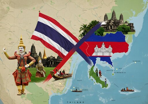 Thailand vs Cambodia Map Illustration with Flags, Landmarks, Culture, Travel Destinations.