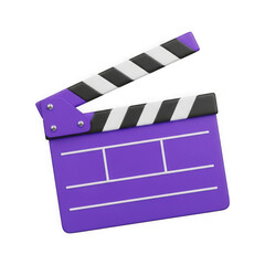 Fototapeta premium Purple movie clapperboard with black and white stripes 3d rendering isolated on transparent background for filmmaking and production
