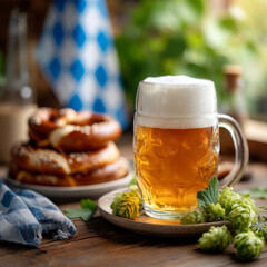 Enjoying a refreshing glass of beer with pretzels at a German festival in Bavaria during October