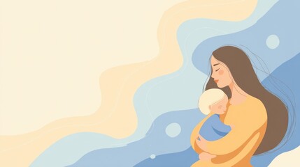 Serene caucasian young mother and child embracing in abstract pastel art. International Children’s Day, Baby shower card design, Newborn celebration
