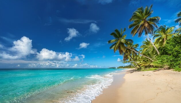 a pristine tropical beach with golden sand turquoise water and lush palm trees under a bright blue sky with fluffy white clouds embodying the perfect vacation destination
